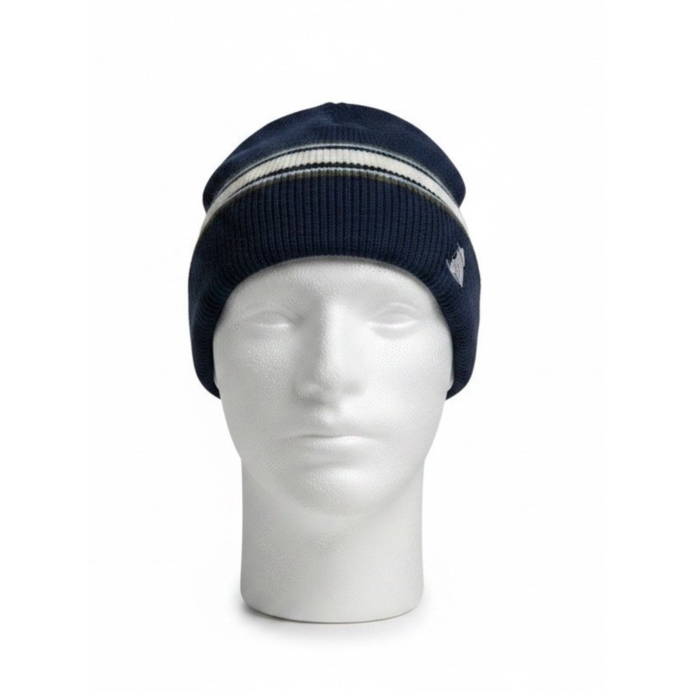Vintage Navy Blue Striped Knit Beanie Hat Winter Skull Cap Adult One‎ Size